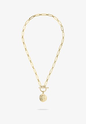 Goudkleurige halsketting met een verlengde schakelketting, voorzien van een ronde sluiting en een getextureerde, ronde hanger met een ingewikkeld ontwerp.