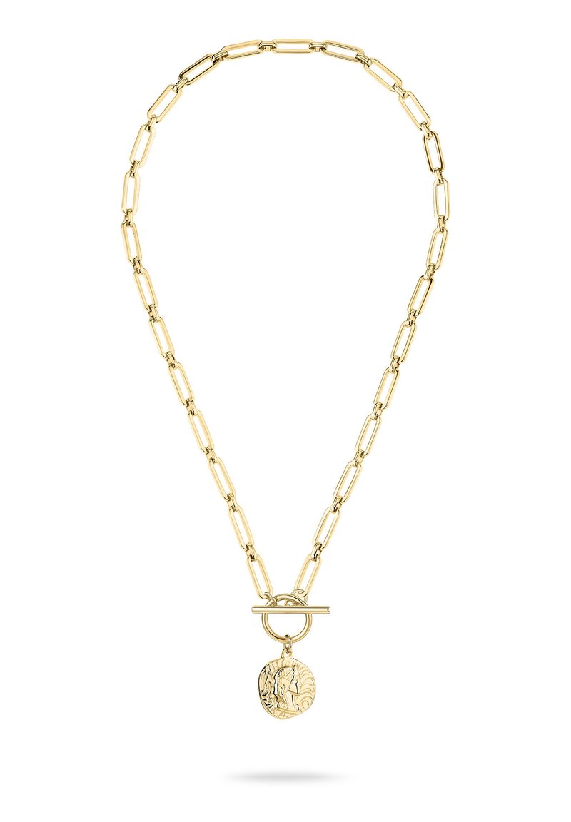 Collier doré avec chaîne à maillons allongés, comportant un fermoir à bascule circulaire et un pendentif rond texturé avec un design complexe.