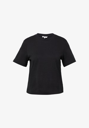 T-shirt in cotone nero con collo tondo, maniche corte e taglio dritto. Presenta una texture liscia e un design minimalista.