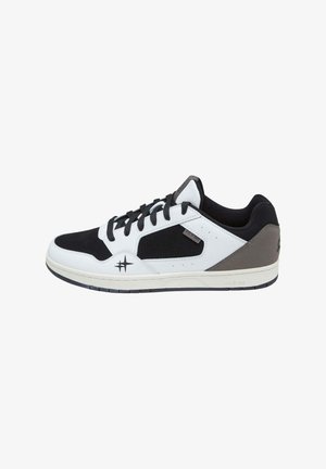 White and black sneaker with a smooth leather upper, mesh details, and gray accents. Includes laces, flat sole, and star logo detail.