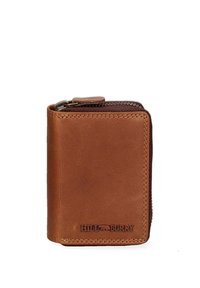 Portafoglio in pelle marrone con chiusura a zip, caratterizzato da una superficie liscia, forma rettangolare e logo del marchio impresso sul davanti.