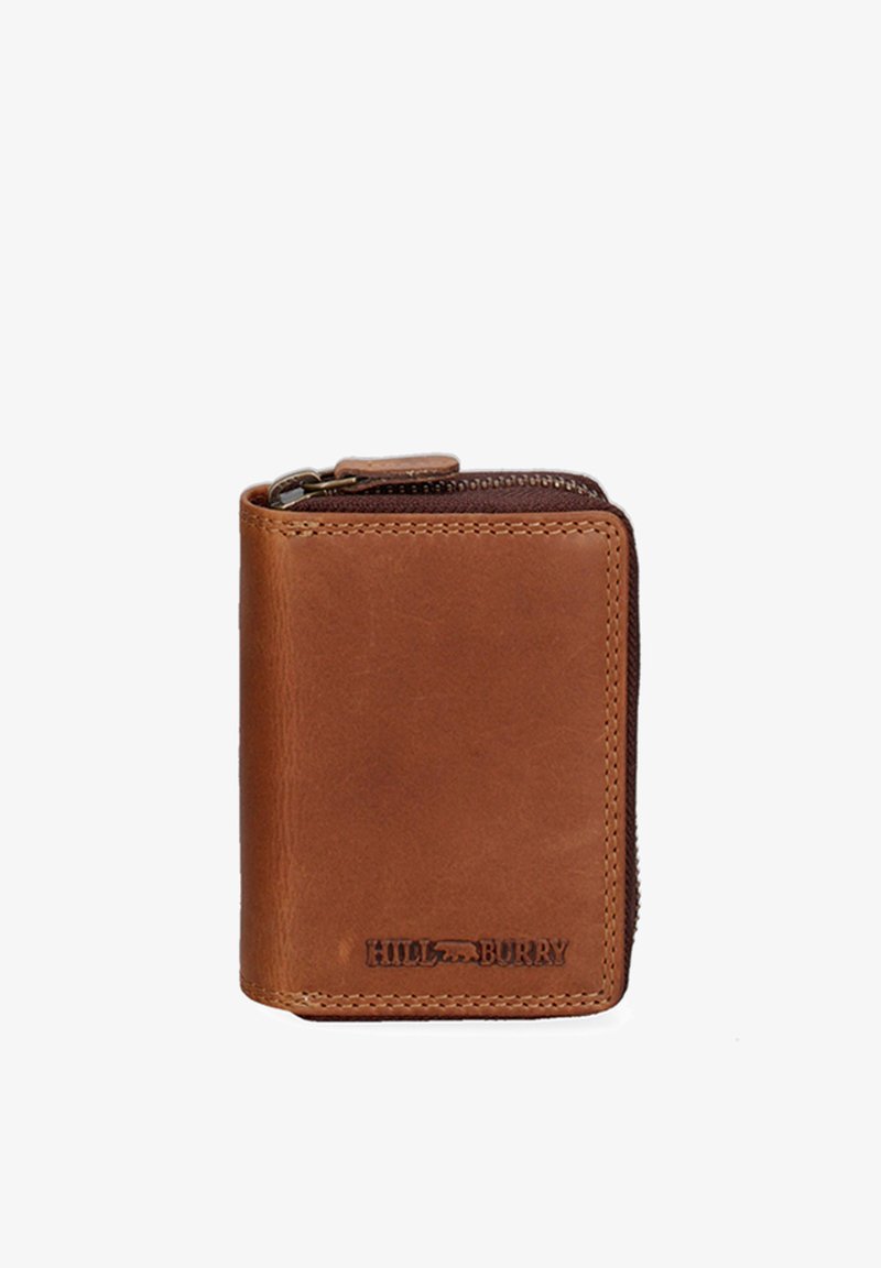 Portafoglio in pelle marrone con chiusura a zip, caratterizzato da una superficie liscia, forma rettangolare e logo del marchio impresso sul davanti.