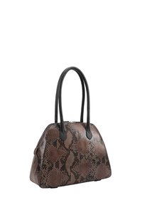 Bruine en zwarte handtas met een slangenleerpatroon, voorzien van zwarte dubbele hengsels en een ritssluiting aan de bovenkant.