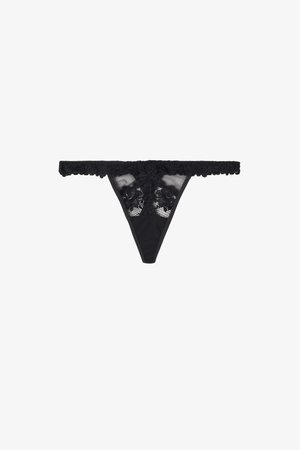 Sort blonde trusse med blomsterlacet detaljer og et gennemsigtigt mesh-panel fortil samt en tynd blondev waistband.
