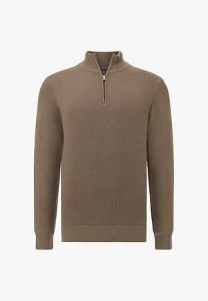Brown, textured knit pullover with a half-zip collar, ribbed cuffs, and hem. Features a relaxed fit and versatile design suitable for layering.