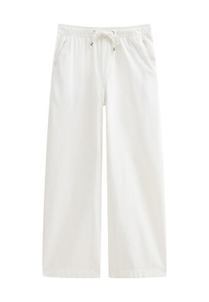 White wide-leg trousers with an elastic waistband and drawstring. Features two side pockets and a smooth cotton fabric texture.