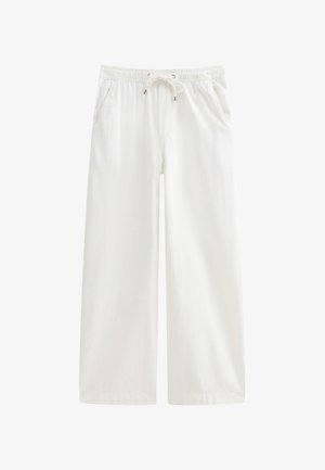White wide-leg trousers with an elastic waistband and drawstring. Features two side pockets and a smooth cotton fabric texture.