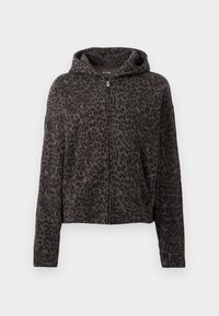 Sweatshirt preto com padrão de estampa de leopardo, com fecho de correr à frente, bolsos laterais e um corte descontraído. O tecido parece suave e texturizado.