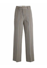 Beżowe i brązowe spodnie o wysokim stanie z szerokimi nogawkami, z wzorem w kratę, z plisami z przodu i bocznymi kieszeniami. Gładka faktura materiału.