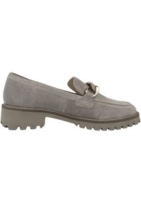 Grau Wildleder Slipper mit abgerundetem Zehenbereich, dekorativem Riemen und Metallakzent. Dicke, robuste Sohle sorgt für Traktion und Stabilität.
