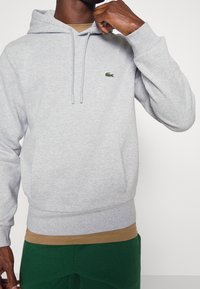 Uomo che indossa un cappuccio grigio chiaro con logo verde a forma di coccodrillo, una camicia color beige sotto e pantaloni verde scuro, mostrato dalla vita fino alle cosce.