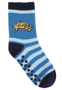Blau gestreifte Socke mit einem Design eines gelben Taxis. Aus weichem Material gefertigt, mit schwarzen Gummipunkten an der Sohle für besseren Halt.