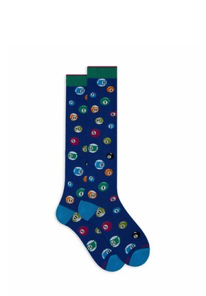 Calze blu con un motivo a cerchi multicolore con numeri, bordo ritorto verde e accenti di colore blu contrastante nei talloni e nelle punte.