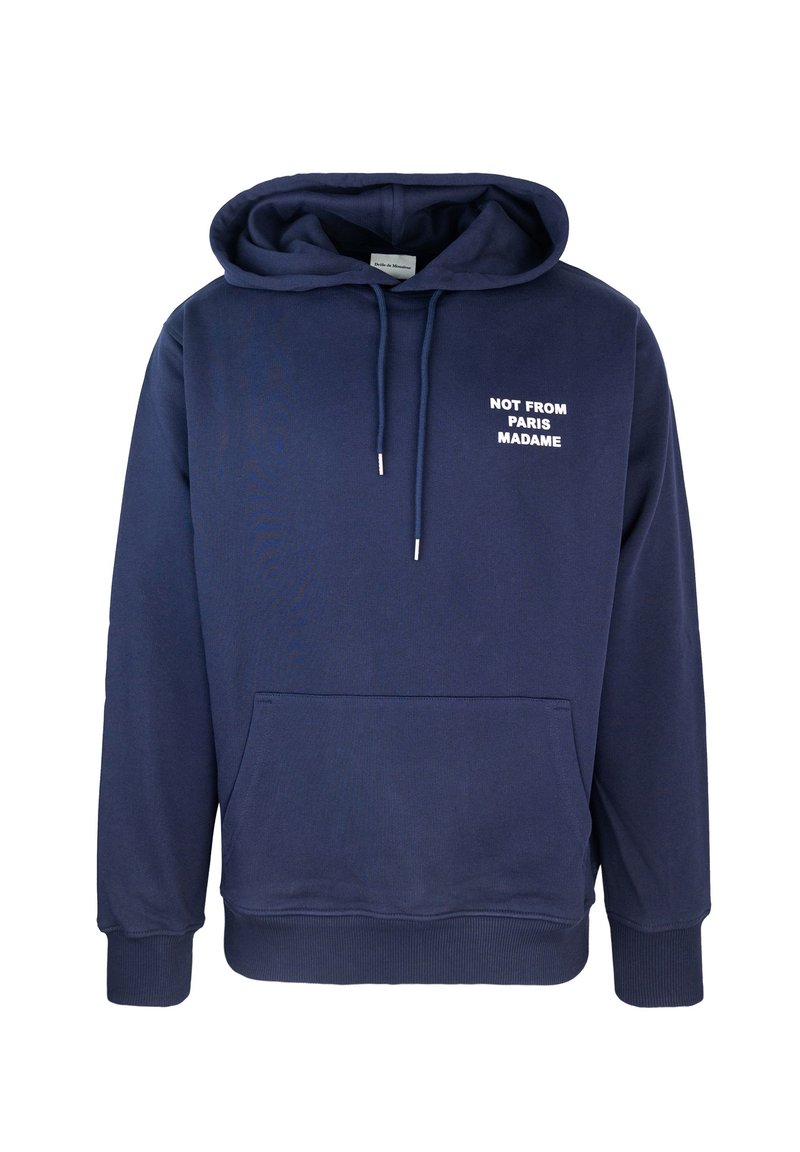 Felpa blu navy realizzata in morbido tessuto, con tasca frontale, cappuccio con cordino regolabile e testo stampato bianco: "NON DA PARIGI MADAME."