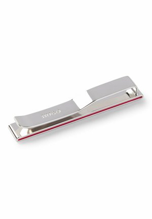 Silver metal tie clip with a sleek design, featuring a polished finish and a thin red accent along the edge. Engraved logo visible.