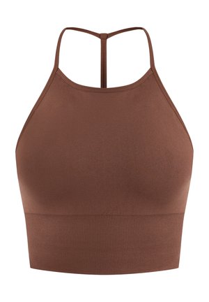 Braun Sport-BH mit hohem Ausschnitt, dünnen Trägern und geripptem Saum. Das Material ist glatt, elastisch und für Komfort und Passform ausgelegt.