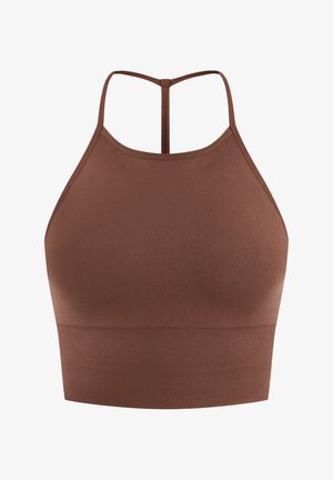 Braun Sport-BH mit hohem Ausschnitt, dünnen Trägern und geripptem Saum. Das Material ist glatt, elastisch und für Komfort und Passform ausgelegt.