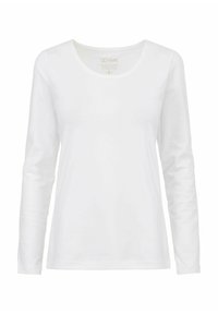 Biała koszulka z długim rękawem i okrągłym dekoltem. Wykonana z bawełny o gładkiej teksturze i minimalistycznym designie. Brak widocznych wzorów lub akcentów.
