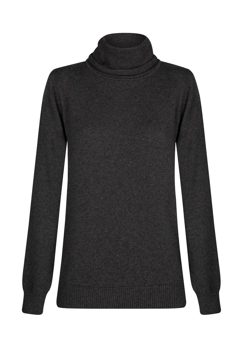 Dunkelgrauer Rollkragenpullover mit langen Ärmeln, gerippten Bündchen und Saum, aus einem weichen, strukturierten Stoff gefertigt. Schlichtes und enganliegendes Design.
