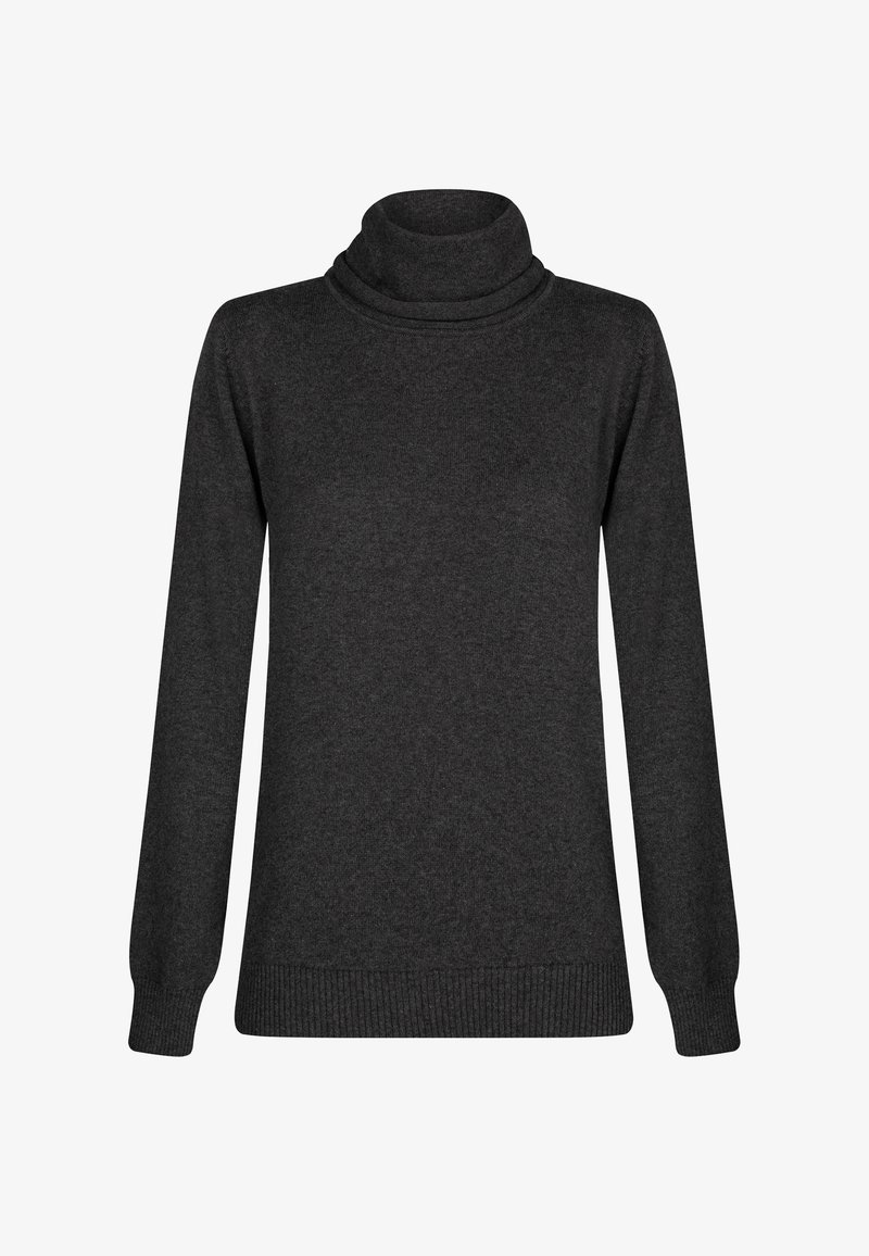 Maglione a collo alto grigio scuro con maniche lunghe, polsini e orlo a costine, realizzato in un morbido tessuto testurizzato. Design semplice e aderente.