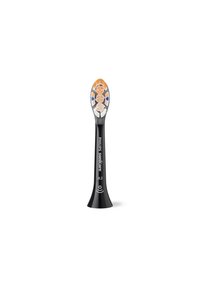 Testina nera per spazzolino elettrico con forma curva, caratterizzata da setole colorate nei toni bianco, arancione e pesca. Le marcature includono "Philips Sonicare A3."