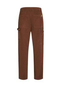 Bruine corduroy cargobroek met twee grote zijzakken en twee achterzakken, een rechte pijpdesign en een gestructureerde stof.