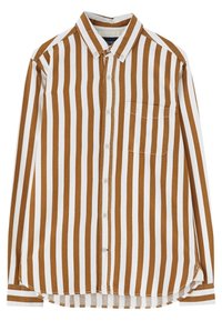 Chemise à manches longues avec boutons, à rayures verticales marron et blanches, avec une poche poitrine sur le côté gauche.