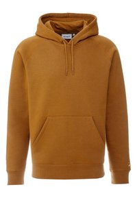 Brązowy bawełniany hoodie z przednią kieszenią typu kangur, z kapturem ze sznurkiem i ściągaczami u rękawów. Posiada małe logo na lewym rękawie.