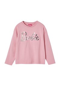 Helles rosa Langarm-T-Shirt mit Pailletten-„Barbie“-Schriftzug in Silber. Weicher Baumwollstoff mit Rundhalsausschnitt und lockerer Passform.