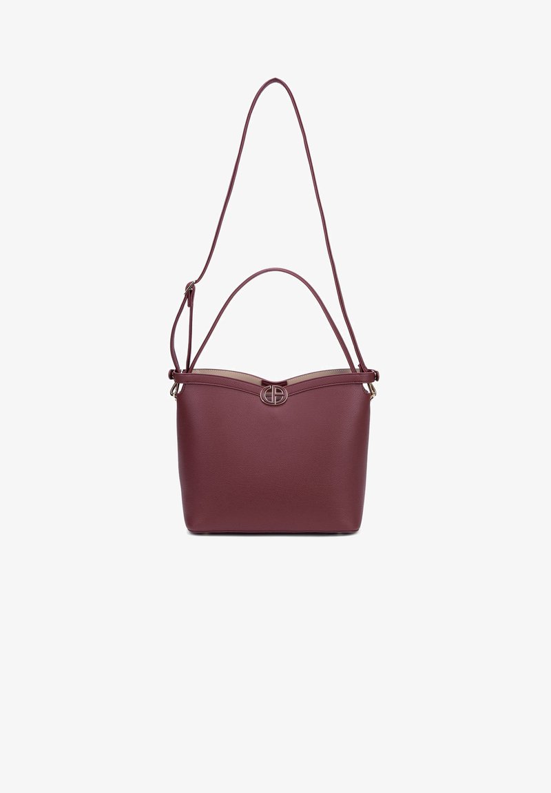 Borsa a mano in pelle bordeaux con una forma strutturata, caratterizzata da una parte superiore curva, doppie maniglie e un'accattivante accentuazione del logo in metallo sul davanti.