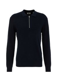Mörkblå ribbad tröja med dragkedja i halsen, långa ärmar och klassisk polokrage. Tillverkad av ett mjukt trikåmaterial.