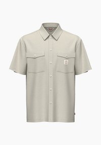 Short-sleeve shirt in light gray fabric, featuring a button-down collar, two chest pockets, and a small brand label on the left pocket.