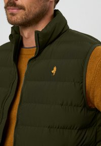 Tmavozelený zateplený vestový sveter s vysokým golierom a horizontálnym šitím. Obsahuje malé zlaté logo na hrudi. Nosený cez oranžový sveter.