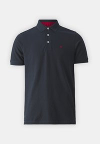 Námořnická modrá polo tričko vyrobené z bavlny, s dvoupanelovým zapínáním, krátkými rukávy a červeným akcentem na límci. Malé vyšívané logo.