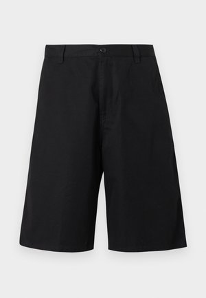 Black knee-length shorts with belt loops, button closure, and a plain front against a neutral background.