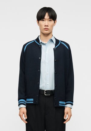 Ung mand iført en marineblå cardigan med knapper og lyseblå striber over en lyseblå stribet skjorte og sorte bukser med sort bælte.