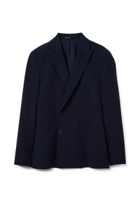 Blazer doppiopetto blu navy, con revers a punta, quattro tasche frontali e sei bottoni neri. Realizzato in tessuto liscio con vestibilità strutturata.
