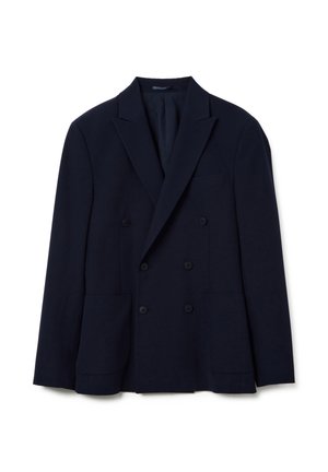 Blazer náutico de doble botonadura, con solapas de pico, cuatro bolsillos frontales y seis botones negros. Fabricado en un tejido suave con un corte estructurado.