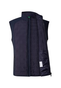 Μπλε σκούρο γιλέκο χωρίς μανίκια με λουστρινένια επένδυση, με φερμουάρ μπροστά που είναι μερικώς ανοιχτό, δείχνοντας ομαλή εσωτερική επένδυση και μια μικρή εσωτερική τσέπη με ετικέτα.