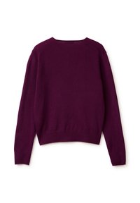 Dzianinowy sweter w głębokim purpurowym kolorze, z okrągłym dekoltem, długimi rękawami i skróconym dołem. Gładka tekstura z prążkowanymi mankietami.