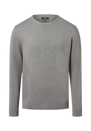 Hellgrauer, langärmeliger Rundhalsstrickpullover mit gerippten Bündchen und Saum, in der Größe Medium von Nils Sundström etikettiert.