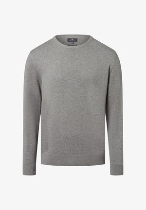 Pull à col rond tricoté gris clair à manches longues, avec des bords côtelés aux poignets et à l'ourlet, étiqueté taille moyenne par Nils Sundström.