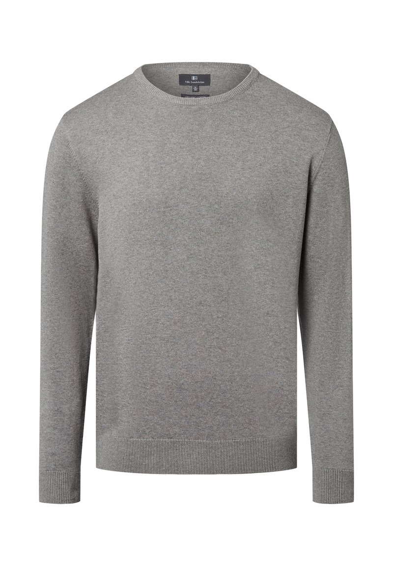 Hellgrauer, langärmeliger Rundhalsstrickpullover mit gerippten Bündchen und Saum, in der Größe Medium von Nils Sundström etikettiert.
