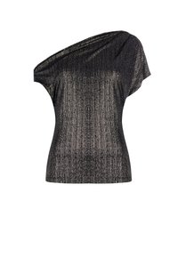 Top nero a spalla unica con strisce verticali metalliche argento e manica drappeggiata sul lato destro.