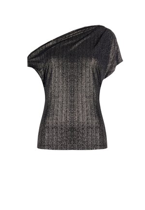 Zwarte top met één schouder, voorzien van metallic zilveren verticale strepen en een gedrapeerde mouw aan de rechterkant.