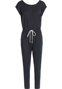 Marineblauwe jumpsuit van zachte stof met een losse pasvorm. Heeft een ronde hals, korte mouwen, een elastische tailleband en een trekkoorddetail.