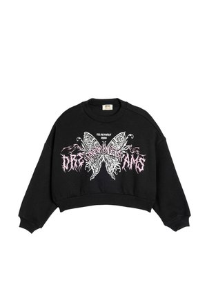 Sweatshirt noir court avec un graphique de papillon audacieux en blanc et rose accompagné de texte. Fini avec un ourlet côtelé et des manches surdimensionnées.