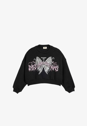 Zwarte cropped sweatshirt met een opvallende witte en roze vlinderafbeelding met tekst. Afgewerkt met een geribde zoom en oversized mouwen.