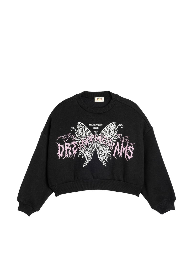 Sudadera recortada negra con un atrevido gráfico de mariposa en blanco y rosa acompañado de texto. Terminada con un dobladillo acanalado y mangas extragrandes.