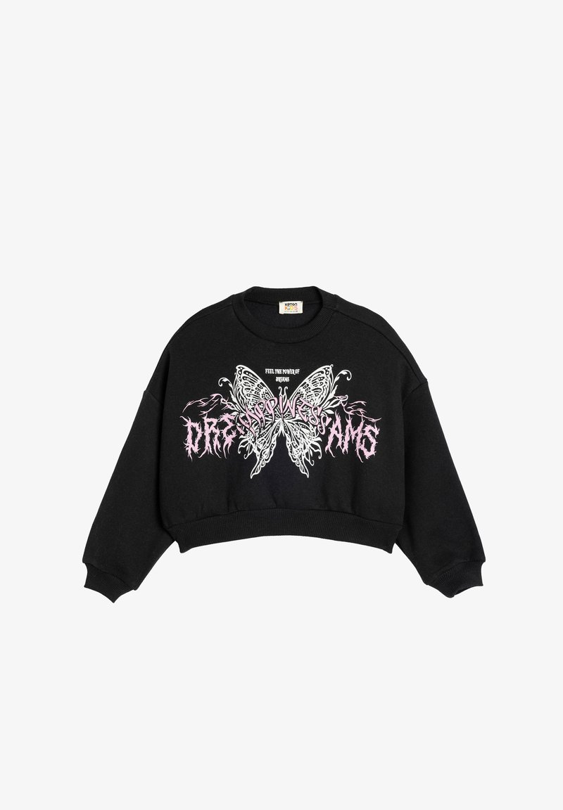 Sudadera recortada negra con un atrevido gráfico de mariposa en blanco y rosa acompañado de texto. Terminada con un dobladillo acanalado y mangas extragrandes.